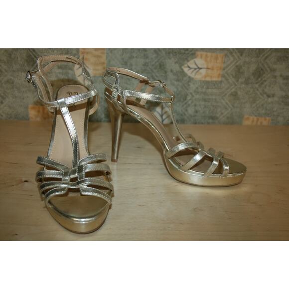 New Brash Gold Faux Leather Strappy Heels 11 - Picture 4 of 5